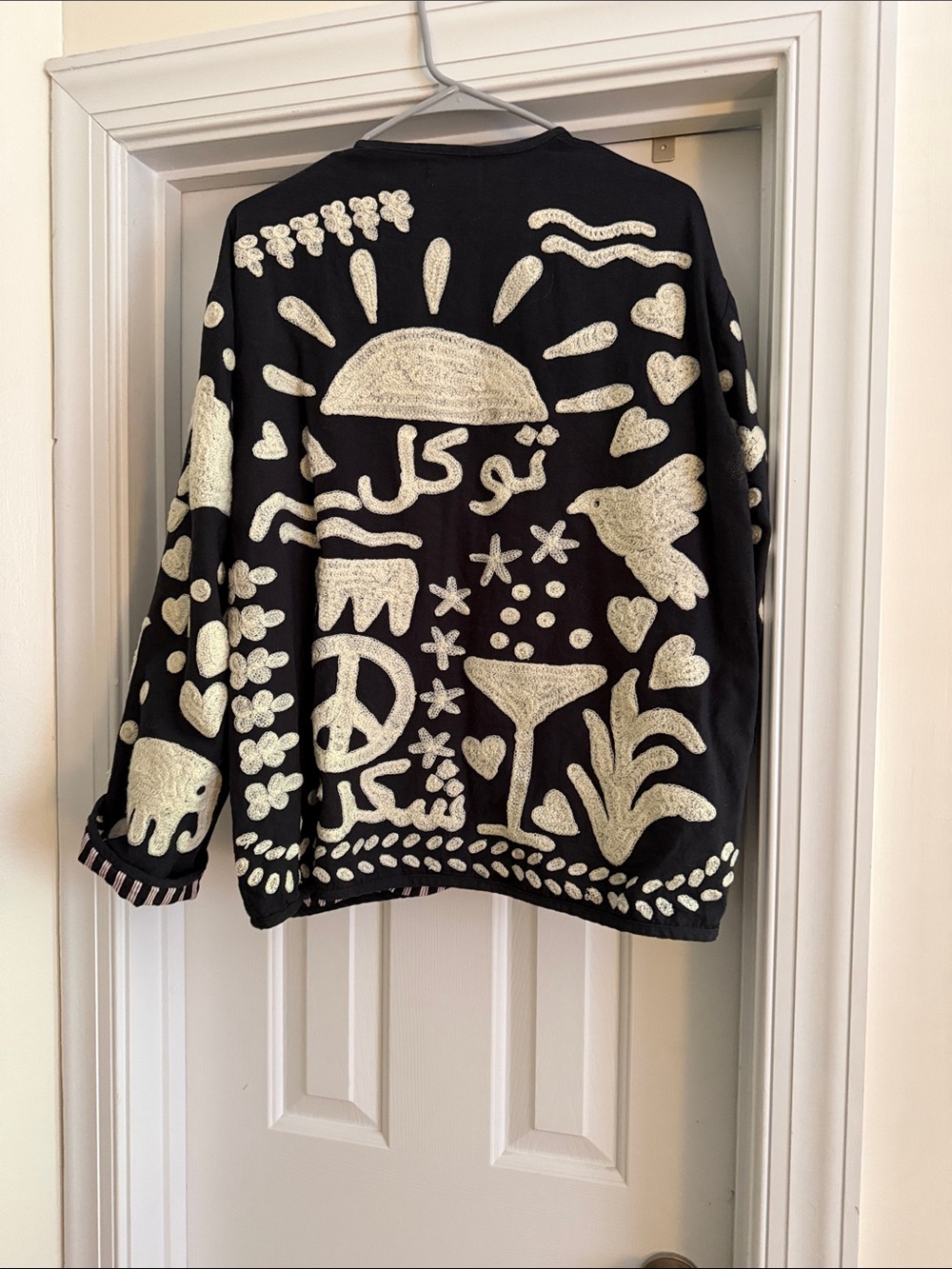 Black Embroidered Floral Open Front Jacket with Cream Appliqué - Picture 3 of 3